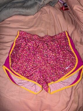 Nike Women’s Pink Floral-Print Running Shorts with Yellow Trim